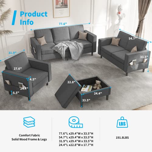 Mjkone Convertible Sectional Sofa Couch with Storage Ottoman, 4 Pcs Couch Set with Storage Pockets, Sectional Couches for Living Room, 3-Seater +Ottoman +1-Loveseat +1-Seater (Dark Gray)