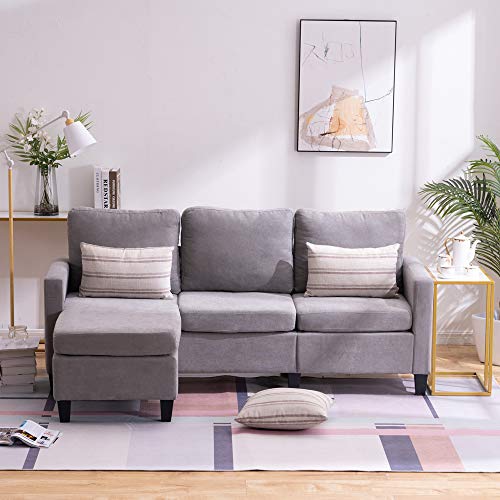Goujxcy Fabric Leather Sectional Sofa Couch, Modern L-Shaped Sectional Sofa Set with Reversible Chaise Lounge & Storage Ottoman 3-Piece for Living Room Furniture Set, Upholstery (Light Grey)