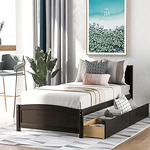 Twin Bed Frame, Wood Platform Bed with Two Drawers,Headboard, Footboard and Wood Slat Support (Espresso)