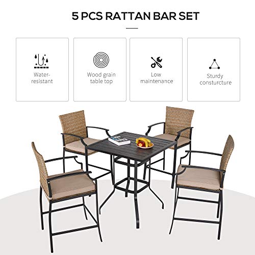 Outsunny 5-Piece Rattan Bar Table and 4 Chairs with Padded Cushions, Mixed Brown