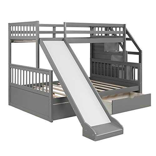 Twin Over Full Bunk Beds, Storage Low Bunk Beds with Slide and Staircase, No Box Spring Needed (Low Bunk Beds Twin Over Full Grey)
