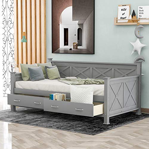 Twin Size Daybed with Drawers, Wood Twin Bed Frame with Storage Drawers, No Box Spring Needed (Grey (with Drawers))