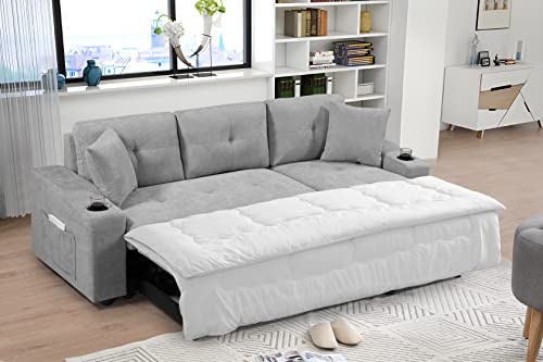 Etstod Modern Velvet Sectional Sofa Convertible with 2 Cupholders and Two Side Pockets,Reversible Pull Out Couch Storage Chaise Lounge for Living Room Apartment, Light Gray