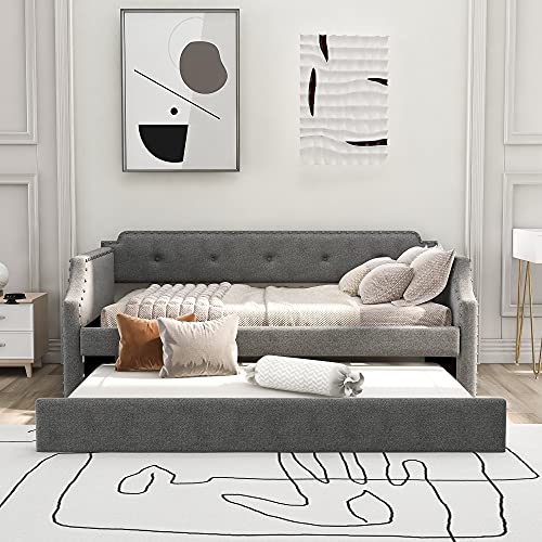 Flieks Twin Upholstered Daybed, Linen Fabric Upholstered Tufted Sofa Bed with Trundle, Sofa Bed Trundle Daybed with Wood Frame (Dark Gray)