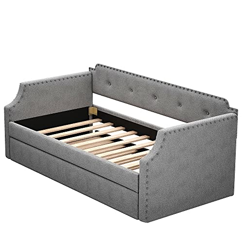 Flieks Twin Upholstered Daybed, Linen Fabric Upholstered Tufted Sofa Bed with Trundle, Sofa Bed Trundle Daybed with Wood Frame (Dark Gray)