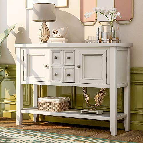 Harper & Bright Designs Buffet Cabinet Kitchen Storage Buffet and Sideboard Table Console Tables with Four Storage Drawers Two Cabinets and Bottom (White)