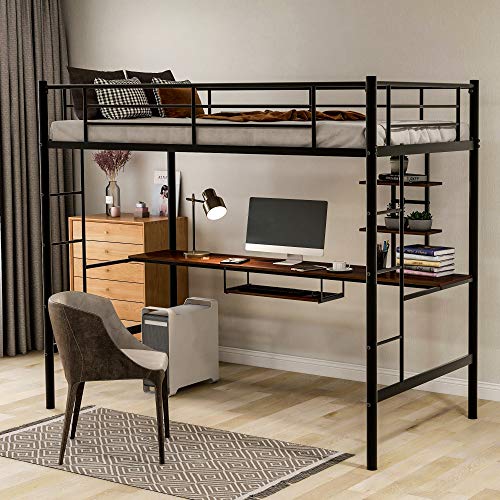 Loft Bed, Metal Twin Loft with Desk and Shelves Space Saving High Loft Bed for Kids and Teens, Black
