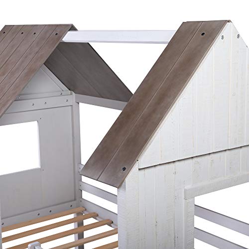 House Bed Loft Bed Twin Size, Low Loft Bed with Roof and Ladders, Solid Wood, No Box Spring Needed (Antique White (with Ladder))