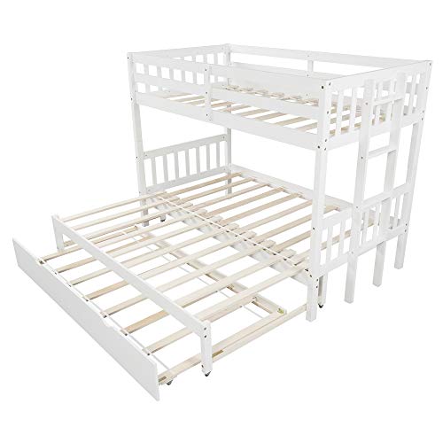 KLMM Twin Over Pull-Out Bunk Bed with Trundle, Wooden Twin Over Twin/Full/Queen/King Bunk Bed, Accommodate 4 People Extendable Bunk Beds with Ladder and Safety Rail (White)