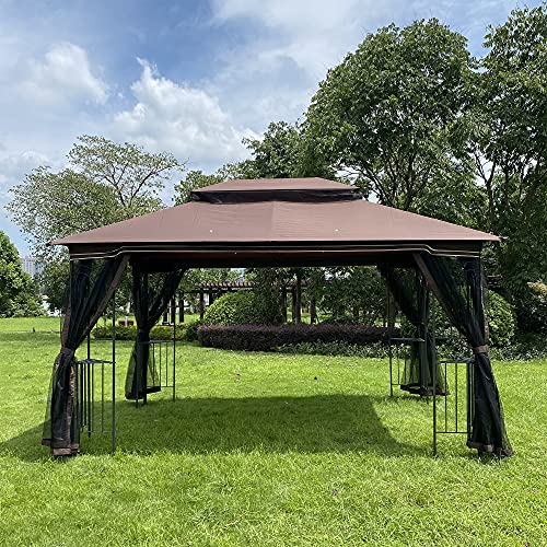 13x10ft Hardtop Gazebo with Ventilated Double Roof and Mosquito Netting for Shade and Rain,Outdoor Patio Gazebo Canopy Tent for Lawn, Garden, Backyard and Deck (Brown)
