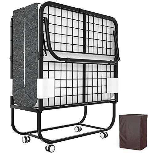 Karcog Rollaway Bed, Folding Bed with Mattress for Adults, Storage Cover Included, Cot Size Extra Guest Bed, Foldable Bed with 5 Inch Memory Foam Mattress and Sturdy Metal Frame on Wheels - 75” x 31