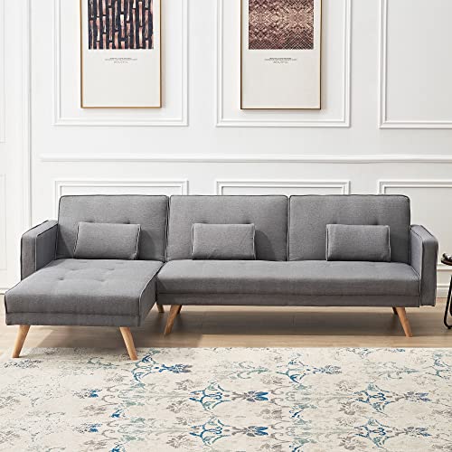 L-Shaped Reversible Sleeper Sectional Sofa, Mid-Century Linen Fabric 3 Seat Sectional Couch with 3 Pillows Adjustable Backrest, Upholstered Convertible Sectional Sofa Bed Sleeper For Living Room(Gray)