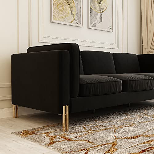 FHDLDS Modern Chesterfield Sofa,Contemporary Velvet Sofa Couch with Removable Cushions and Stainless Steel Base,94.88 Inch Upholstered Futon Sofas for Living Room (Black-94.88 Inch)