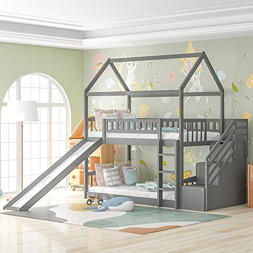 Twin Over Twin Bunk Beds with Slide and Storage Stairs, Solid Wood House Bed Frame for Kids, Teens, Bedroom (Gray)