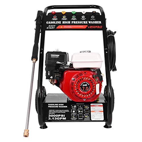 【US Direct】 Gas Pressure Washer, Heavy Duty Power Washer 3000PSI 2.4LPM 7HP 5 Nozzles 26FT Hose, Soap Tank and High-Performance & Easy Move Pressure Washer (Red)