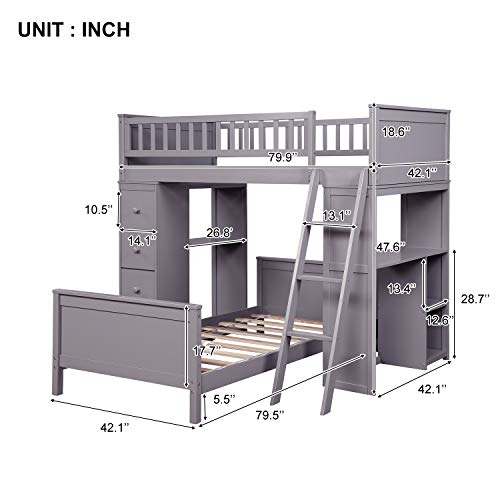 Twin Over Twin Loft Bed with Drawers and Shelves, Wood Bunk Bed with Ladder, Gray