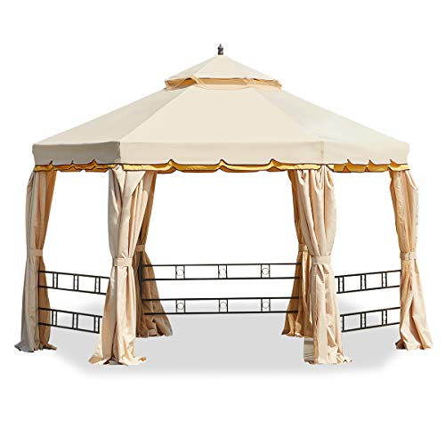 MELLCOM 12FT Outdoor Gazebo Canopy, Aluminum Frame Soft Top Hexagonal Outdoor Patio Gazebo with Polyester Curtains and Air Venting Screens Beige