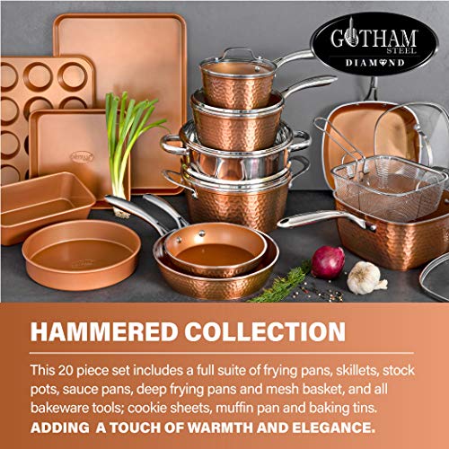 Gotham Steel Hammered Copper Collection – 20 Piece Premium Cookware & Bakeware Set with Nonstick Copper Coating, Includes Skillets, Stock Pots, Deep Square Fry Basket, Cookie Sheet and Baking Pans