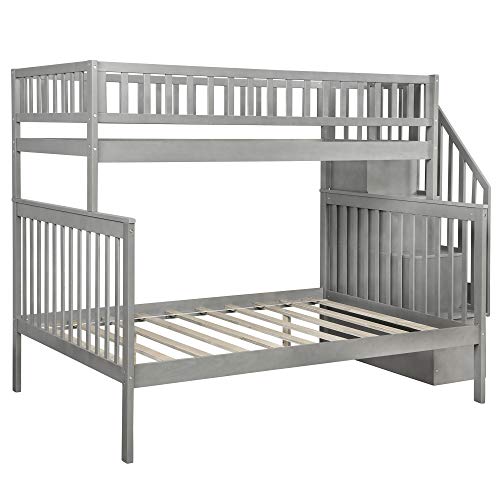 Twin-Over-Full Bunk Bed, Hardwood Bunk Bed with Trundle and Staircase, Whtie