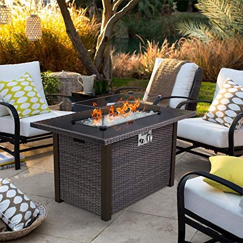 44'' Propane Fire Pit, 50,000 BTU PE Rattan Fire Pit Table with Black Tempered Glass Tabletop, Glass Wind Guard, Auto-Ignition, White Glass Stone, ETL CERT