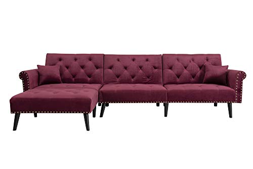 Upholstered Mid Century Sectional Sofa Futon Couch with Reversible Chaise with Adjustable Back Sofa Bed (Wine Red)