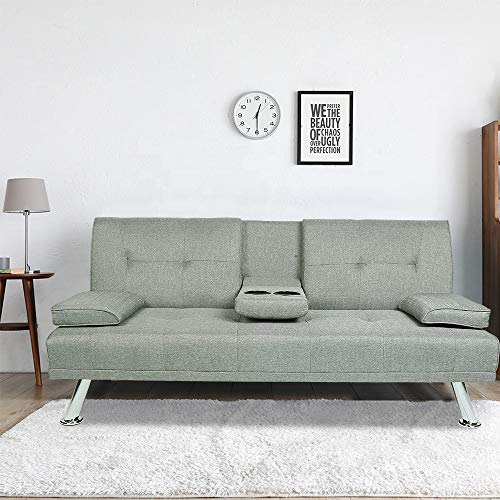 Hooseng Frabic Convertible Futon Sofa Bed 2 Cupholders with Armrest & Fold Up & Down Recliner Couch with Cup Holders, Gray