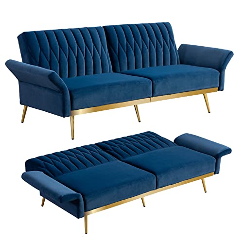 Velvet Futon Sofa Bed Sleeper Sofa with Adjustable Armrests, Convertible Modern Futon Couch Home Furniture for Living Room, Bedroom Blue