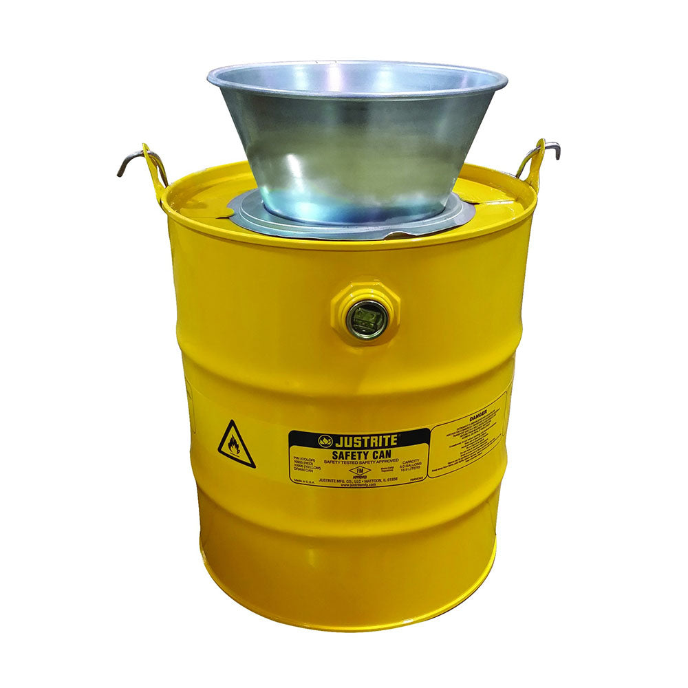 Justrite 5 Gallon Steel Drain Can, Plated Steel Funnel