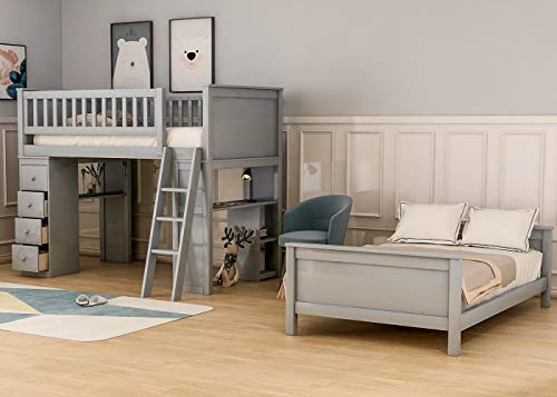 Twin Over Twin Loft Bunk Beds with Chest and Desk, Low Profile Kids Bunk Beds,No Box Spring Required, Wood, Gray