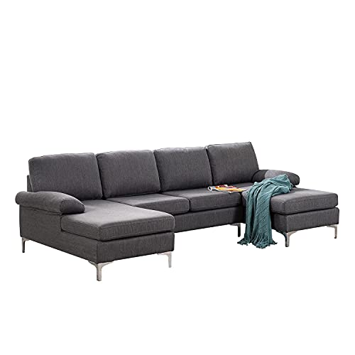MELLCOM Modern U-Shape Sectional Sofa, Soft Linen Fabric Sectional Couch, Double Wide Chaise Lounge Couch with Modern Metal Feet for Apartment Living Room, Gray