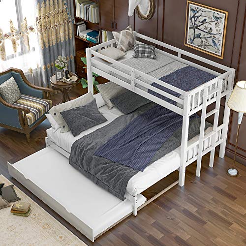 KLMM Twin Over Pull-Out Bunk Bed with Trundle, Wooden Twin Over Twin/Full/Queen/King Bunk Bed, Accommodate 4 People Extendable Bunk Beds with Ladder and Safety Rail (White)