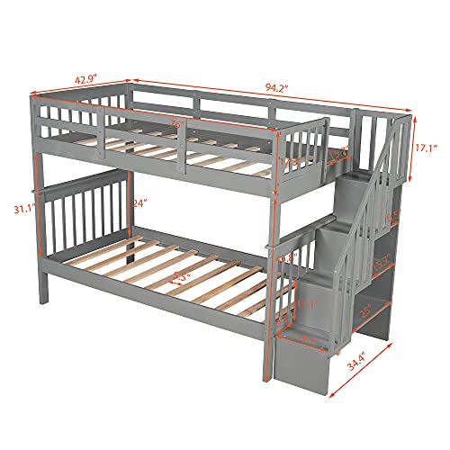 Twin Over Twin Bunk Bed for Kids, Stackable Wood Bunk Twin Over Twin Bed Frame with Trundle and Storage Shelves and Guard Rail, No Box Spring Needed