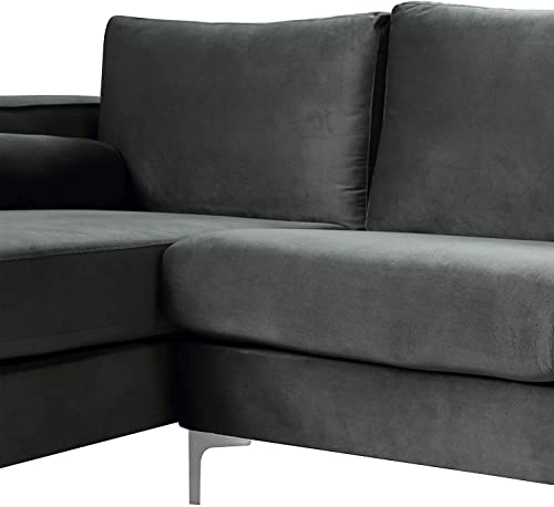 L-Shape Sofa Modern Stylish Elegant Velvet Upholstered Sectional Sofa with Two Pillows Home Villa Living Room Furniture Set U-Shape Symmetrical 4 Seaters Sofá Couch W/Double Wide Chaise Lounge Black