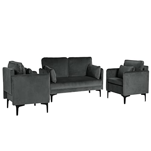 AILEEKISS Velvet Sectional Sofa Set 3 Pcs Couch Set with Armrest and Metal Legs and 4 Pillows for Living Room, Bedroom, Office (2-Seat+1-Seat+1-Seat, Grey)