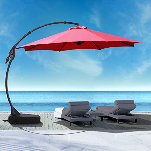Goognice Grand Patio Offset Hanging Umbrella Large Aluminum Patio Cantilever Outdoor Umbrella with Base for Garden, Backyard, Beach, Market, Pool (12ft, Red, Base)