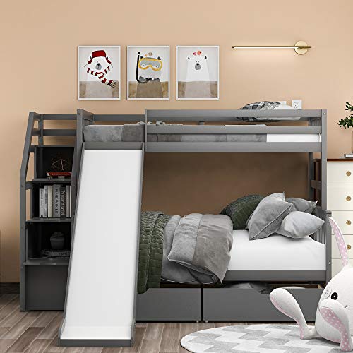 Twin Over Full Bunk Beds, Bunk Beds Twin Over Full with Slide, High Guardrail, No Box Spring Needed (Grey (with Slide))