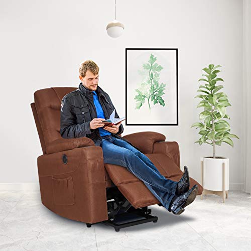Power Lift Recliner Chair for Elderly Electric Massage Sofa with Heated Vibration,Side Pockets,Cup Holders, USB Ports,Massage Remote Control,Fabric Home Theater Seat Living Room Reclining Bed, Brown