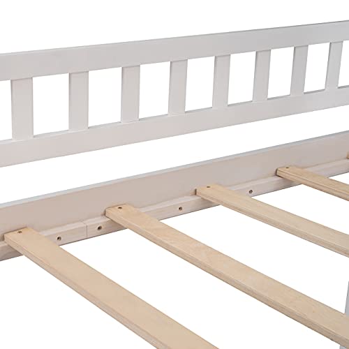 Twin Over Twin Bunk Bed with Two Drawers and Slide, House Bunk Bed Frame with Staircases and Guardrail, Wood Loft Bed for Kids, Teens, Girls, Boys (White & Slide)