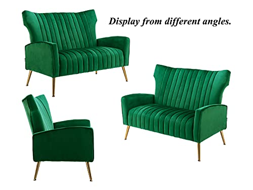 Altrobene Curved Tufted Contemporary Velvet HighBack Loveseat Sofa Chair Upholstered Couch with Gold Metal Legs Two-Seat Sofa for Living Room Bedroom Apartment Small Space Dorm, Green