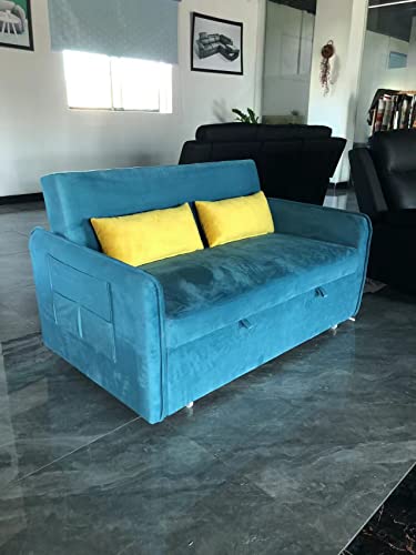 UNIROI Velvet Fabric Loveseat Sleeper Sofa w/Side Storage Pockets, 57'' Pull-Out Bed with 2 Pillows & Adjustable Backrest for Living Room Apartment Compact Space, Blue