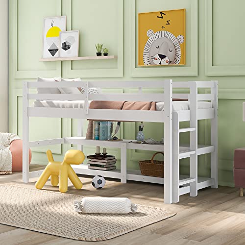 Twin Loft Bed for Kids and Toddlers Low Loft Bed Frame with Shelves Ladders and Guard Rails, No Box Spring Needed,Twin Size