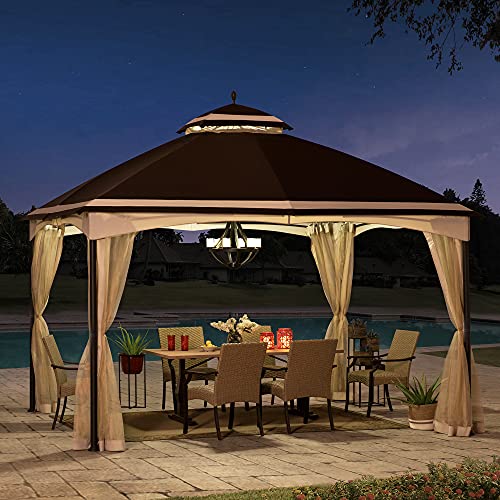 Sunjoy Thelma 10.5 x 13 ft. 2-Tier Steel Gazebo, Brown & Tan
