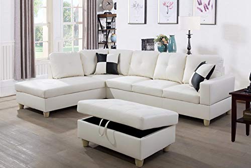 LifeStyle Furniture Left Facing 3PC Sectional Sofa Set Faux PU Leathe with Storage mats and 2 Pillows Smooth and Soft Couch Sets, Ivory White, Left Facing
