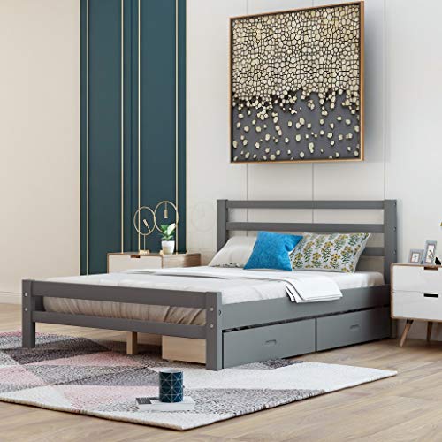 Full Bed Frame with Drawers, Kids Platform Full Bed with Storage, Solid Wood, No Box Spring Needed (Grey,Full)