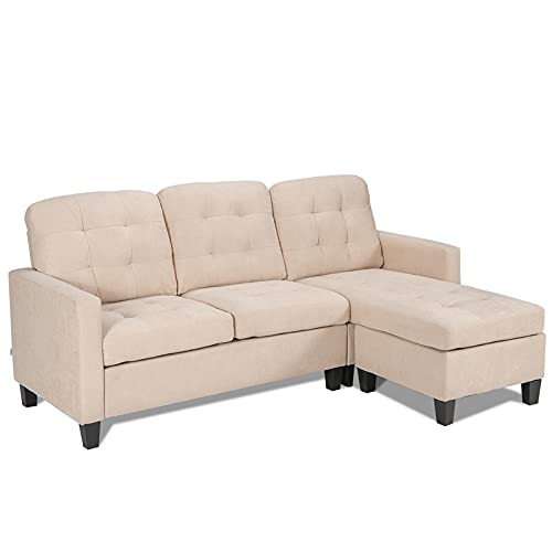 Giantex Convertible Sectional Sofa Couch with Reversible Ottoman, Linen Fabric Modern Living Room Furniture Sets for Small Apartment, L-Shaped Sofa 77 Inch Length (Beige)