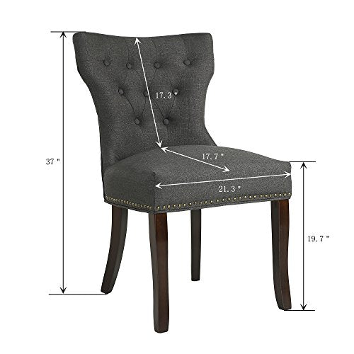 LSSBOUGHT Set of 2 Fabric Dining Chairs Leisure Padded Chairs with Brown Solid Wooden Legs,Nailed Trim,Charcoal