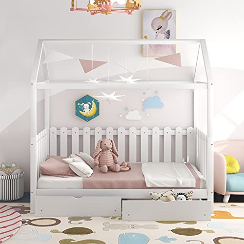 Daybed with Drawers, Wood House Bed Tent Bed Twin Size with Drawers and Fence-Shaped Guardrail, for Toddlers/Teens/ Girls/ Boys, Kids House Bed Frame Can Be Decorated (White)
