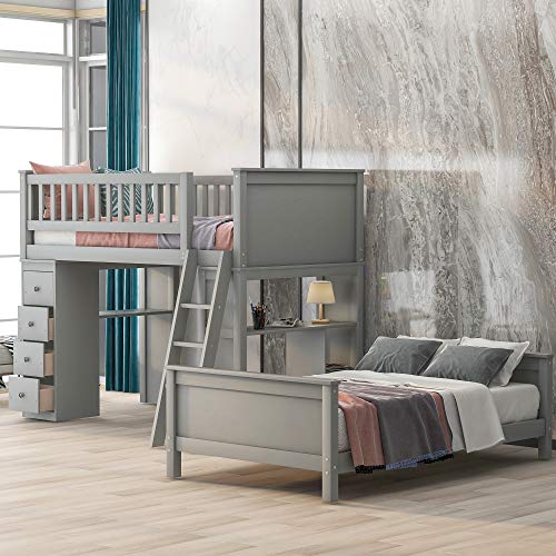 Twin Over Twin Loft Bed with Drawers and Shelves, Wood Bunk Bed with Ladder, Gray