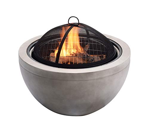 Peaktop HR30180AA Bonfire Concrete Round Charcoal BBQ Grill Wood Burning Fire Pit with Spark Screen, Fireplace Poker, Grate for Outdoor Patio Garden Backyard Decking Décor, 30 inch Length, Gray, 30