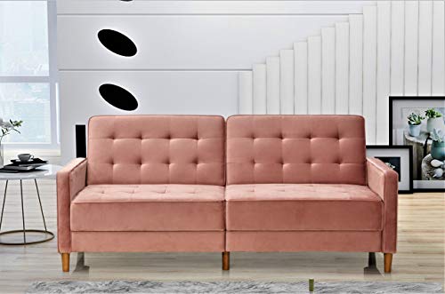 US Pride Furniture Classical Style Soft Square Arm 80’’ Wide Rose Velvet Tufted Twin Size Convertible Sofa Bed with Solid Wooden Legs & High Density Foam (SB9074-9080) Sofabed